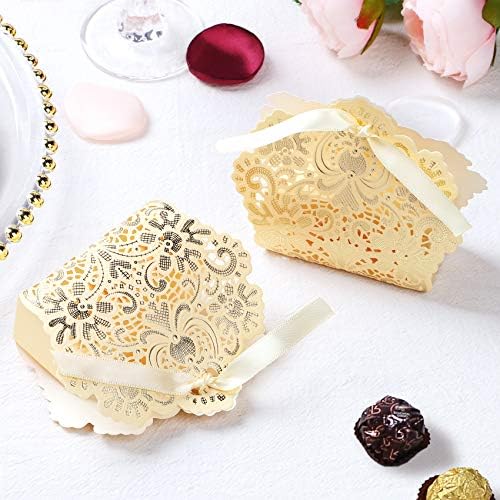 Ponatia 50PCS Gold Foil Wedding Favor Box with Ribbon