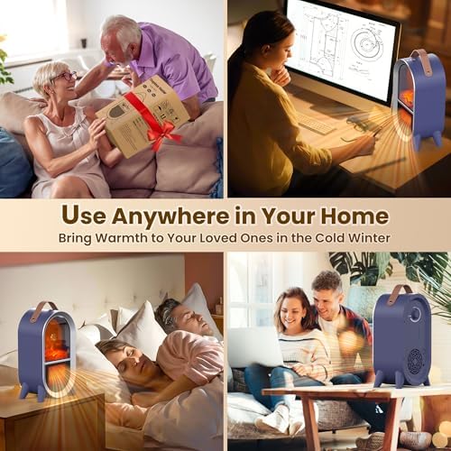 Riseon 1500W 750W Small Space Heater with 3D Flame and Thermostat Protection Blue