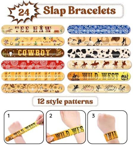 48PCS Cowboy Party Set - Slap Bracelets Temporary Tattoos for Kids