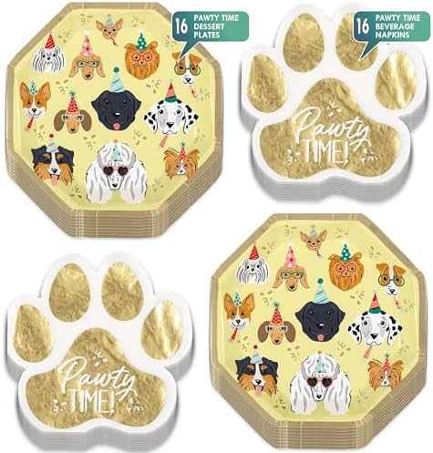 Dog Themed Party Supplies Pawty Time Metallic Gold Plates and Napkins