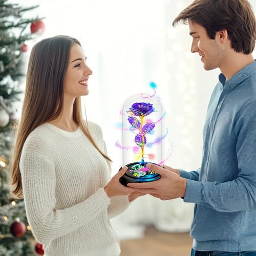 Rotating Purple Roses in Glass Dome with LED Light