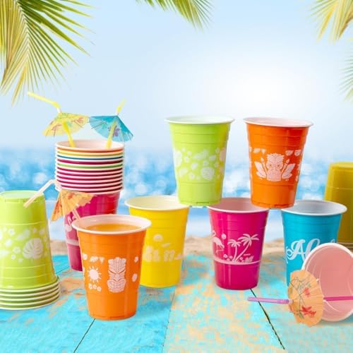 50 Hawaiian Luau Decor Cups with Parasol Straws