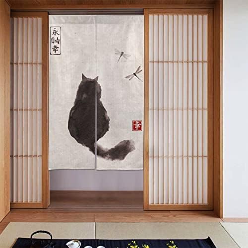 Japanese Style Door Curtain with Cat and Dragonfly Design