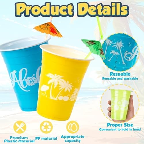 50 Hawaiian Luau Decor Cups with Parasol Straws
