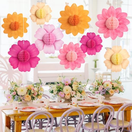 SUNBEAUTY 9 PCS Pink Orange Hanging Paper Flowers Set