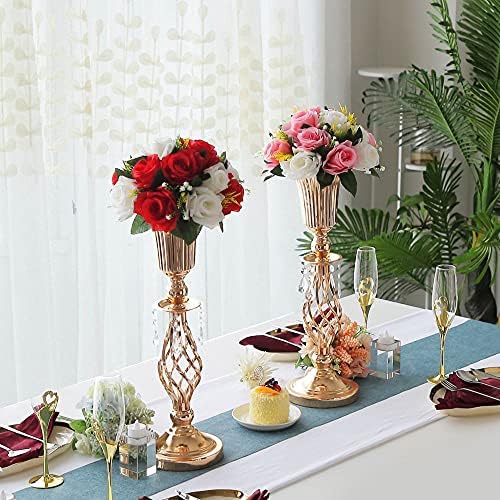 2 Pcs Beaded Crystal Gold Trumpet Vase Elegant Wedding Centerpiece