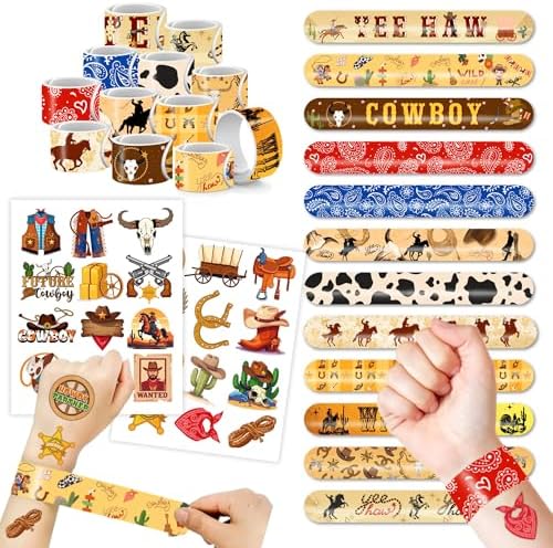 48PCS Cowboy Party Set - Slap Bracelets Temporary Tattoos for Kids