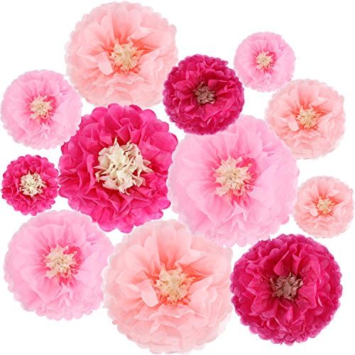 Gejoy 12 Piece Pink Paper Flowers Pom Poms DIY Decor