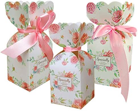 50 Pcs Floral Pattern Candy Boxes with Light Pink Ribbons 1