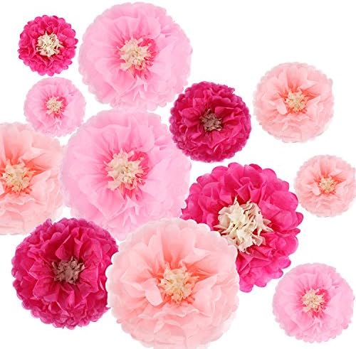 Gejoy 12 Piece Pink Paper Flowers Pom Poms DIY Decor