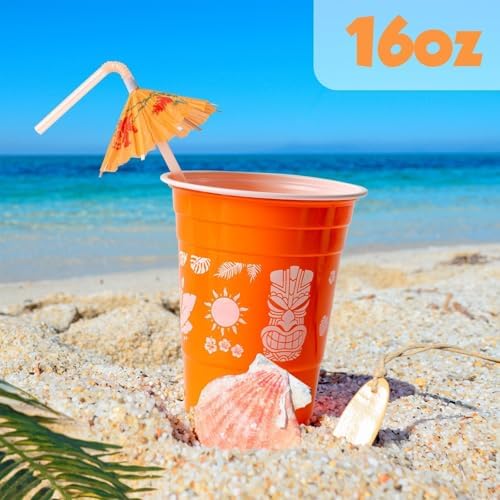 50 Hawaiian Luau Decor Cups with Parasol Straws