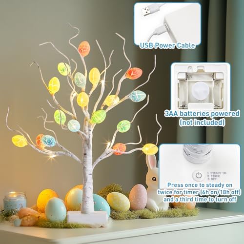 PEIDUO 22 Pre-Lit White Birch Easter Tree with 36 Cracked Eggs