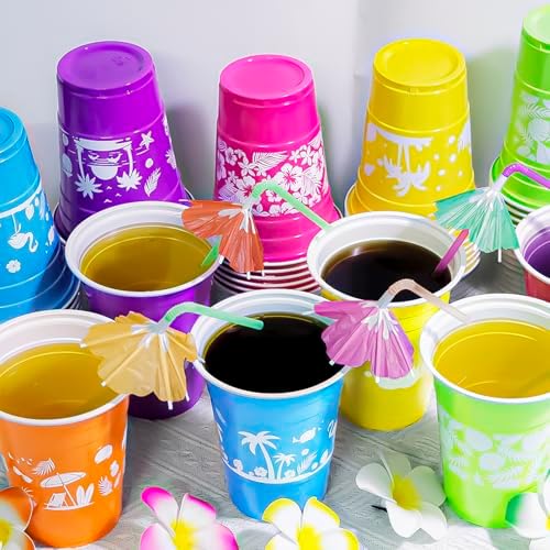 50 Pcs Hawaiian Luau Cups with Parasol Straws