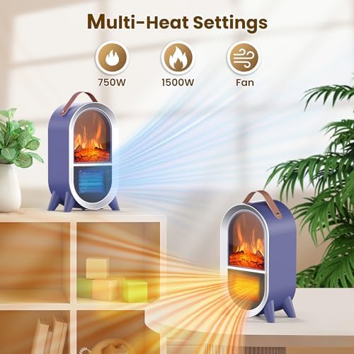 Riseon 1500W 750W Small Space Heater with 3D Flame and Thermostat Protection Blue