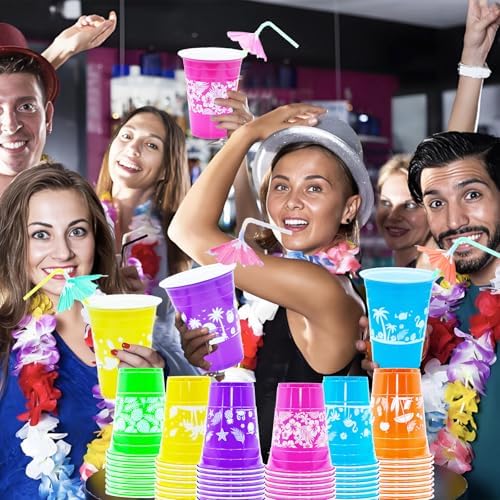 50 Pcs Hawaiian Luau Cups with Parasol Straws