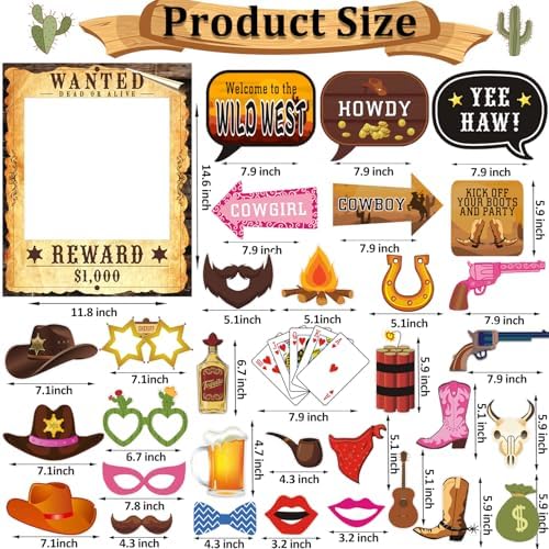 33pcs Western Cowboy Cowgirl Photo Booth Props for Wild West Themed Parties