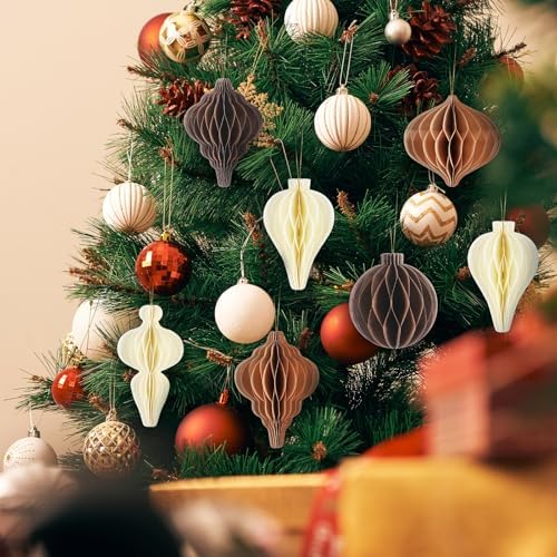 12 Pcs Christmas Honeycomb Ornament Neutral Brown Decor