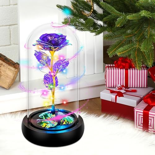 Rotating Purple Roses in Glass Dome with LED Light