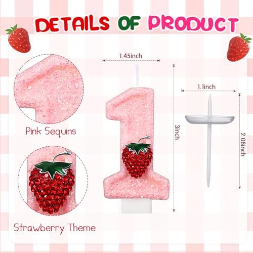 Strawberry 1st Birthday Candle Pink Number 1 Cake Topper