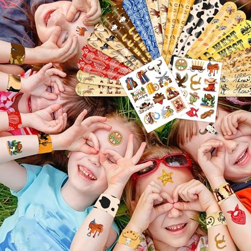 48PCS Cowboy Party Set - Slap Bracelets Temporary Tattoos for Kids