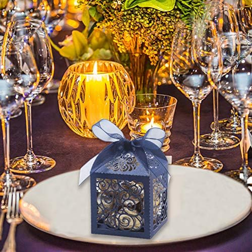 KPOSIYA 100 Pack Laser Cut Wedding Favor Boxes with Ribbons Navy