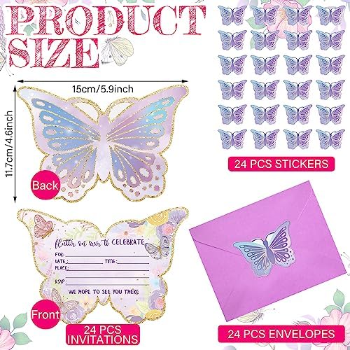 Hotop 24 Butterfly Birthday Invitations with Envelopes and Stickers