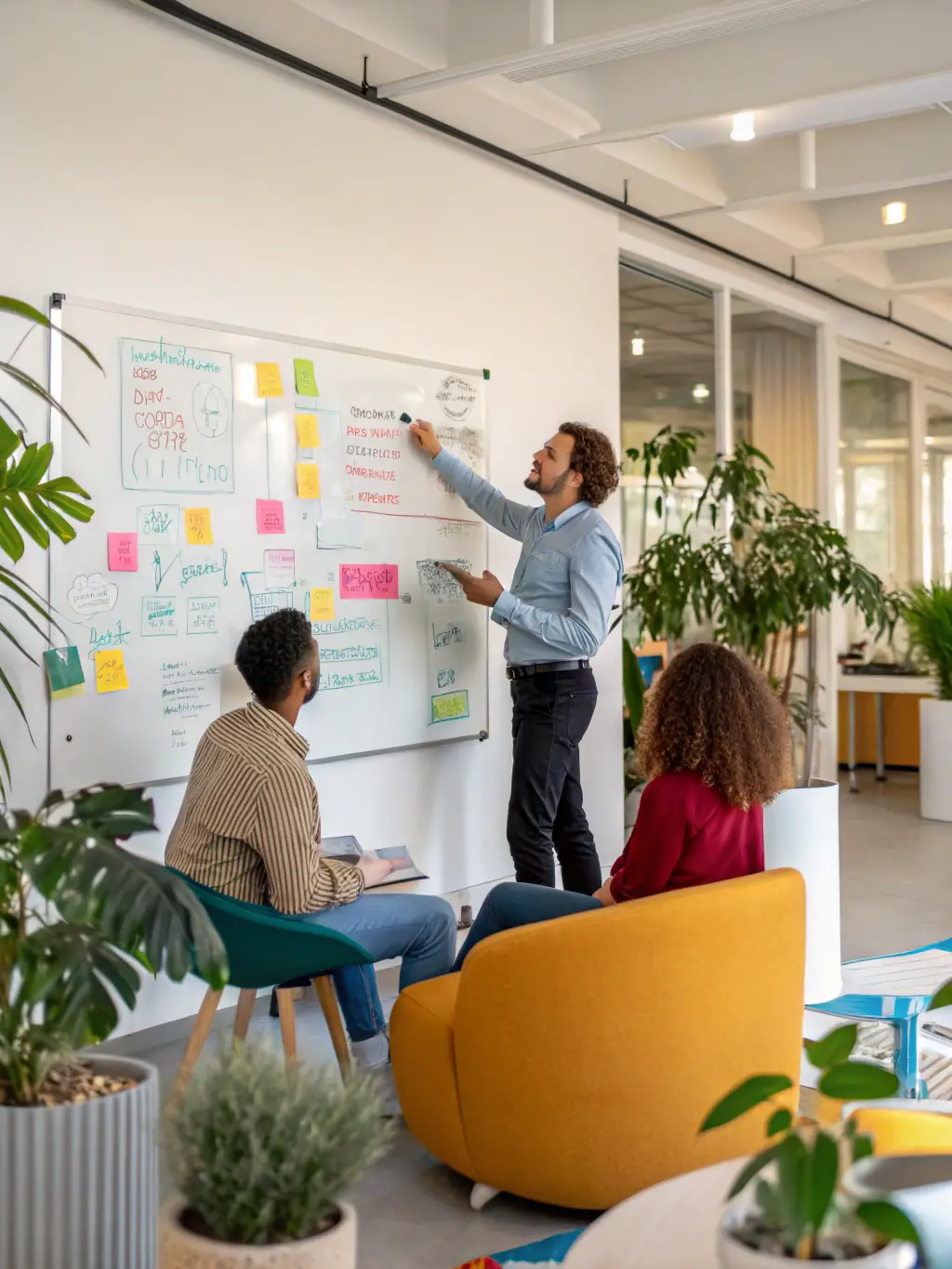 A diverse team of consultants collaborating around a table, brainstorming ideas and developing innovative solutions for a client's business challenge.