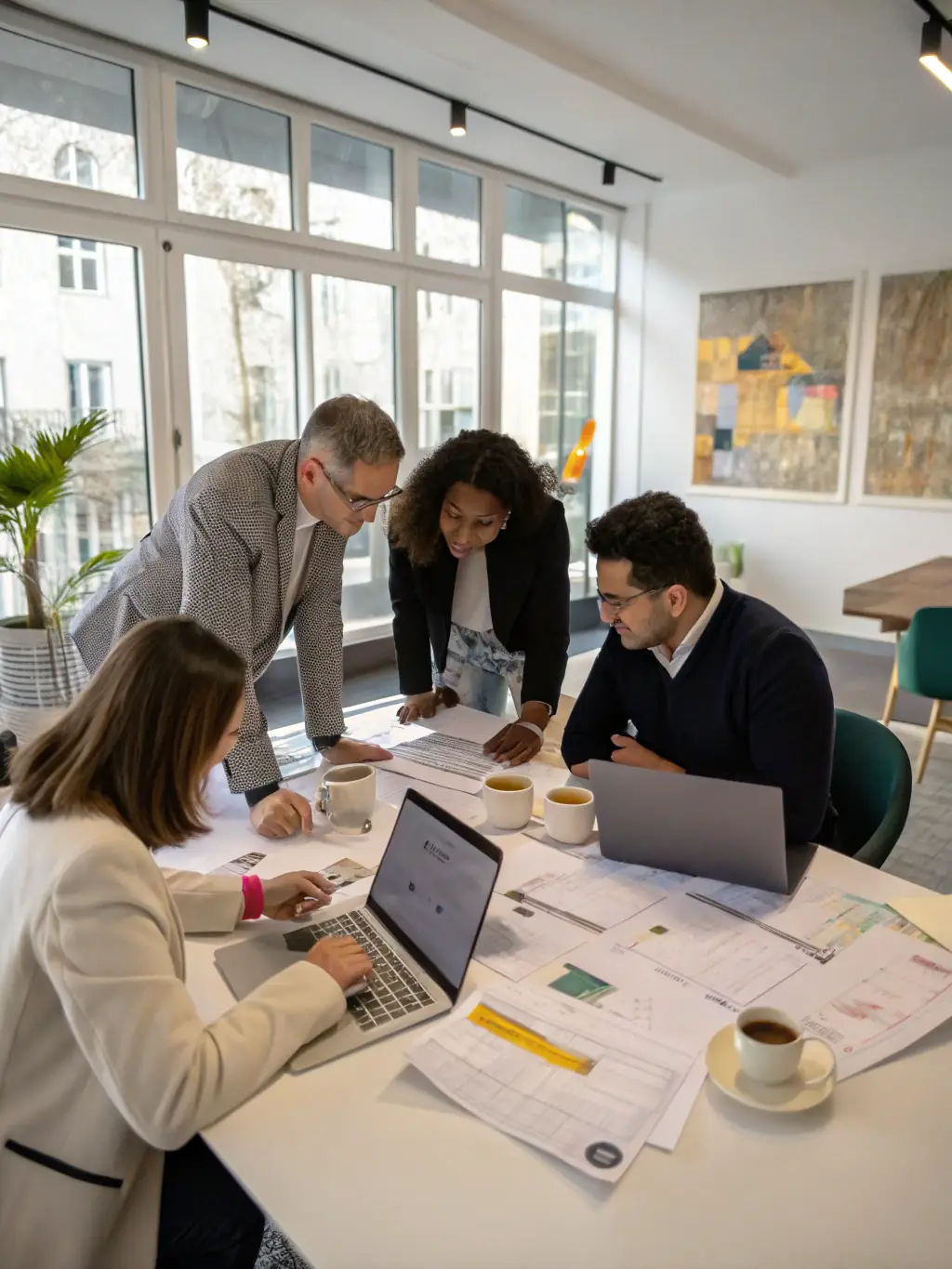A diverse team of consultants brainstorming ideas in a brightly lit, modern office, symbolizing innovation and collaboration.