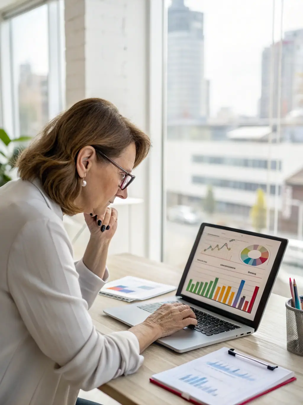 A consultant in a modern office setting, analyzing data on a laptop with charts displayed on a large screen in the background, representing data-driven decision making.