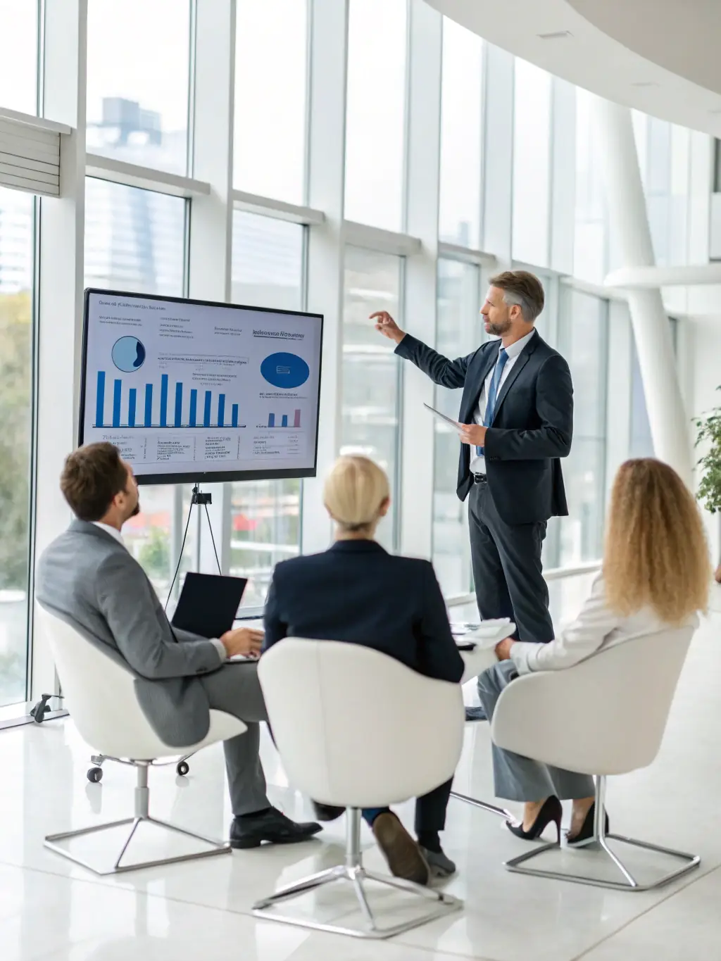 A consultant presenting market research findings to a group of stakeholders, highlighting data-driven decision-making.
