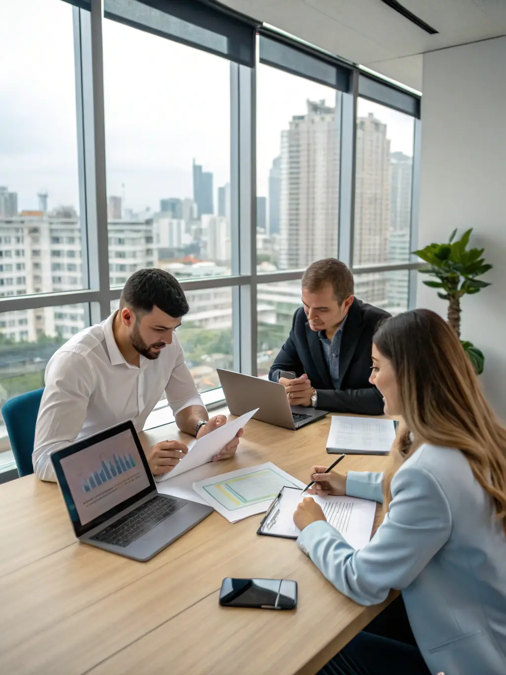A consultant discussing strategy with a client in a modern office setting, emphasizing collaboration and strategic planning.