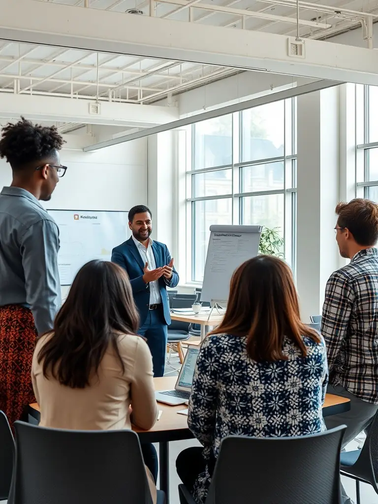 A consultant leading a workshop with clients, facilitating discussions and providing guidance on implementing new technologies and processes.