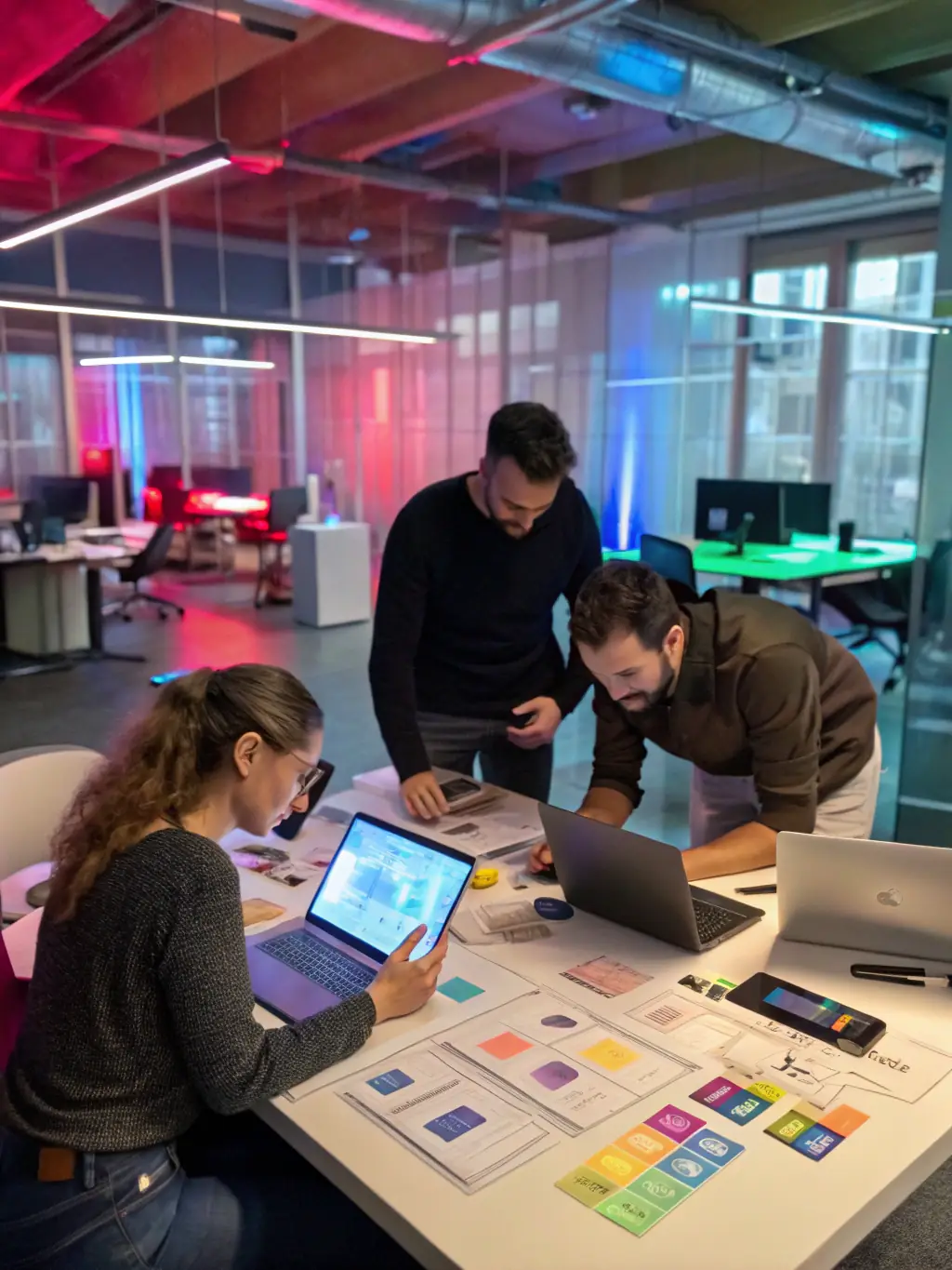 A team collaborating on technology solutions in a high-tech environment, showcasing innovation and seamless integration.